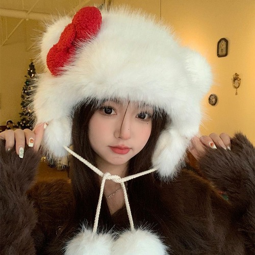 Korean-style Kitty Cat Bow Hat Cute Animal Fashion Warm KT Cat Plush Hat Autumn Winter Women