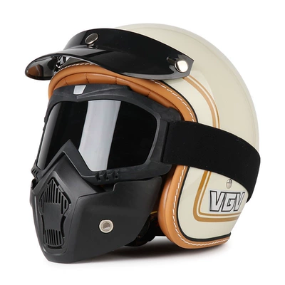 Motosiklet dəbilqələri – Universal Safety Helmet for Men - m-milky-white-gold-rim-pattern-mask-goggles-free-hat-brim-face-towel