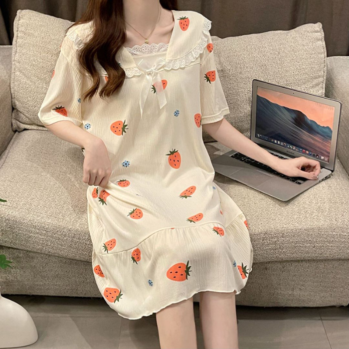 2024 pijama de mujer algodón de tela pijama de verano estudiantes frescos lindos mangas cortas ropa de cuello de muñeca media y larga