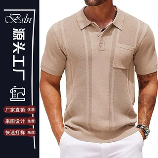 跨境欧美定制男式针织Polo衫短袖纹理修身夏季有领带口袋衬衫