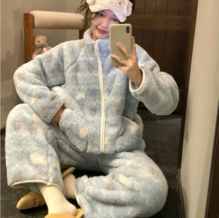 韩国ins雪花奶蓝小熊毛绒立领拉链宽松可外穿家居服睡衣套装