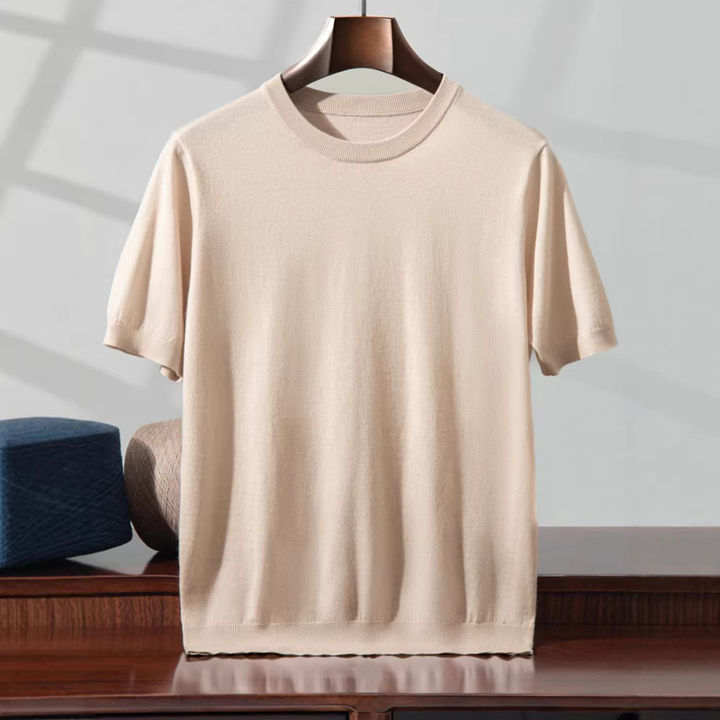 Summer Thin Worsted 100% Pure Wool Knitted Short-Sleeved T-Shirt Men's Round Neck Loose Casual Half-Sleeved T-Shirt