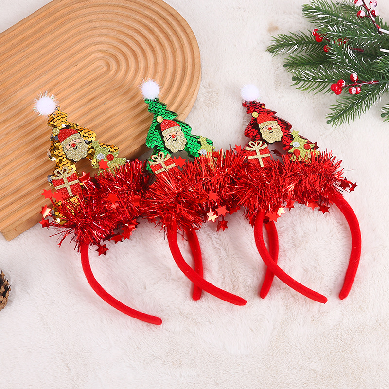 圣诞节彩丝亮片圣诞树发箍创意立体礼物老人头扣节日儿童装扮头饰