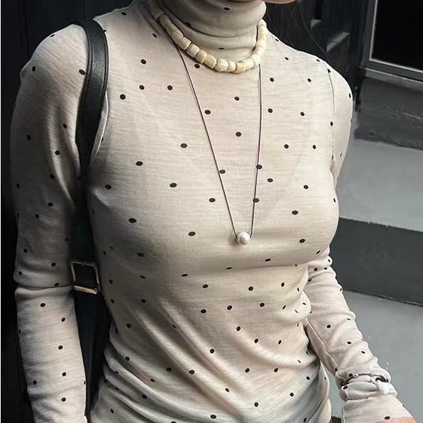 New Cos Style High-Neck Beige Polka Dot Merino Wool Slim-Fit Base Layer Shirt That Can Be Layered