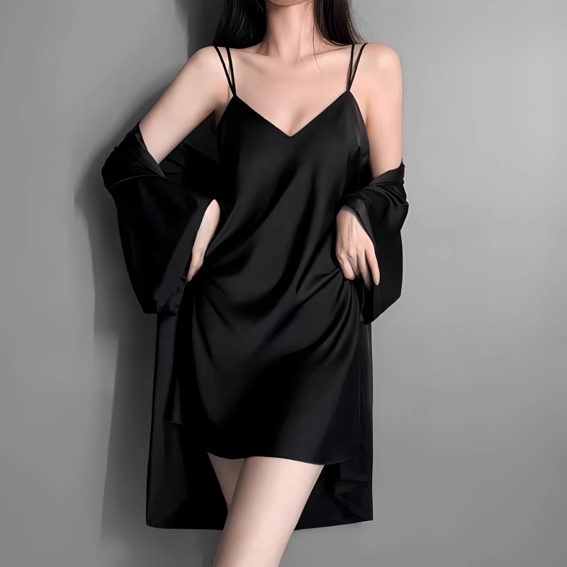 Summer Deep V Cross Backless Temptation with Breast Pad Nightgown Ice Silk Pajamas Women's Spring & Fall Suspender Nightgown Two-Piece Set