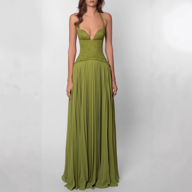 European and American Women's Clothing Wholesale Sexy and Elegant Patchwork Long Dress with Scarf Collar and Tie-Back Strapless Dress
