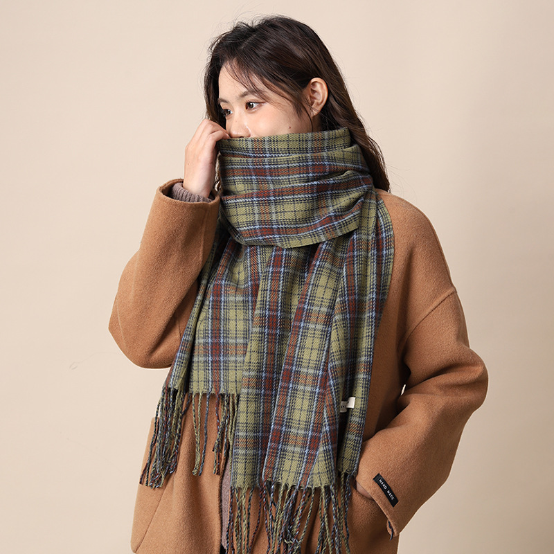 Neues grün kariertes Tuch im koreanischen Stil für Damen, vielseitig einsetzbar im Herbst und Winter, individuell und hochwertig, warmer Schal_voghion.com