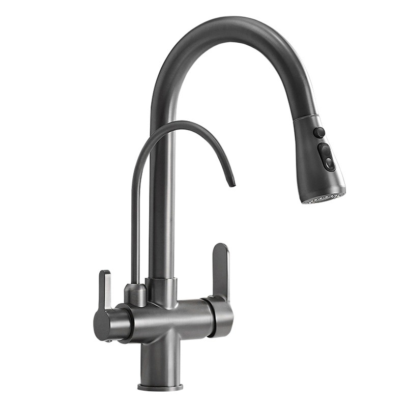 Pistola de cobre gris tres en un grifo fregadero de la cocina caliente y fría tirar purificador de agua fregadero de la máquina hogar retráctil
