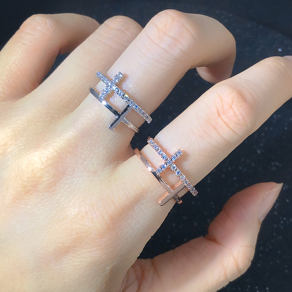 Double Cross Ring Gold Plated Zircon Wedding Ring For Couples_voghion.com