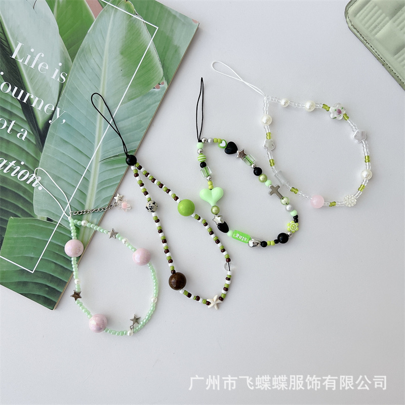 Green small fresh green love beaded personalized mobile phone chain ccd camera chain pendant mobile phone lanyard source factory