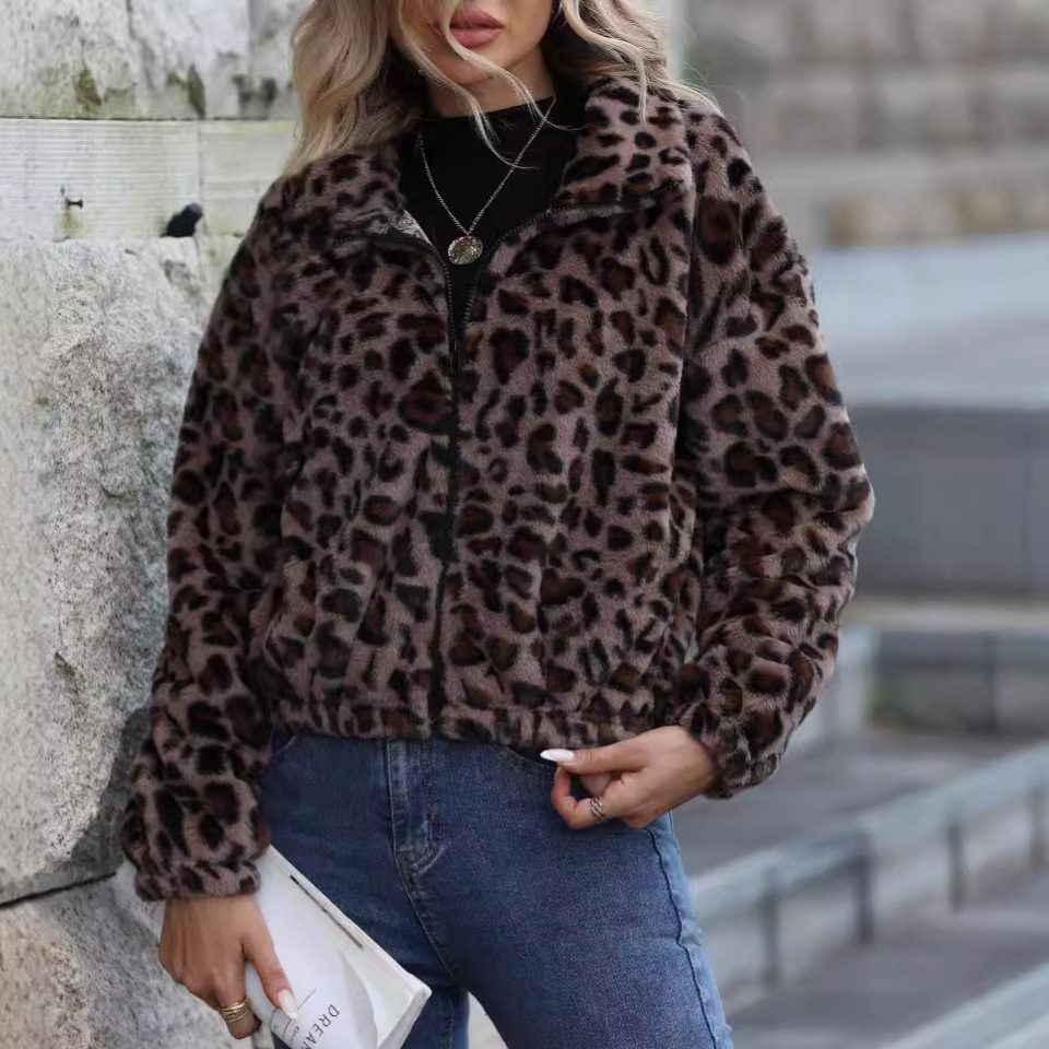 Flash velvet 2024 cross-border women's clothing Amazon Europe and the United States autumn and winter new loose zipper long sleeve leopard plush coat