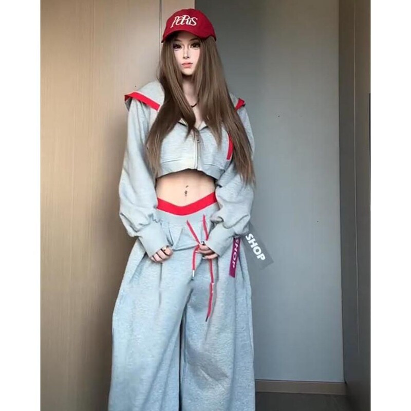 美式辣妹风高级卫衣连帽睡衣女早秋新款松弛感拼接休闲家居服套装|undefined