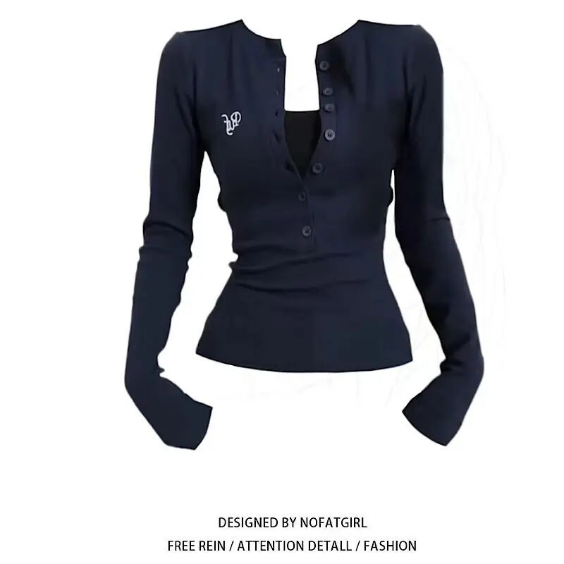 2026 New American-Style Buttoned Half-Open Embroidered Slim-Fit Long-Sleeve T-Shirt, Thin and Slim-Fitting Autumn/Winter Base Shirt, Ins Style