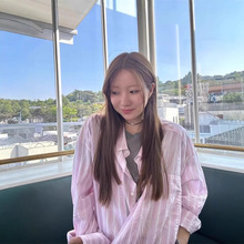 现货 夏季韩国东大门气质通勤翻领条纹衬衫 休闲长袖韩版女装衬衣