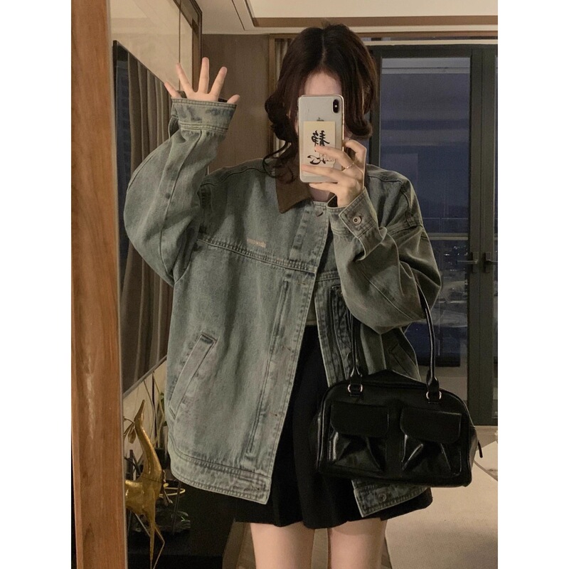水洗复古美式做旧蓝牛仔外套女高街潮流宽松情侣休闲百搭夹克上衣|undefined