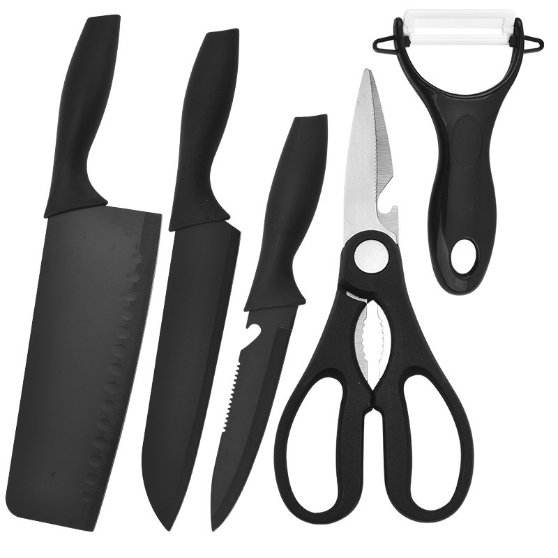 Venta al por mayor directa traje de cuchillo de cocina pintura en aerosol de acero inoxidable conjunto de cinco piezas regalo cuchillo de cocina conjunto completo combinación