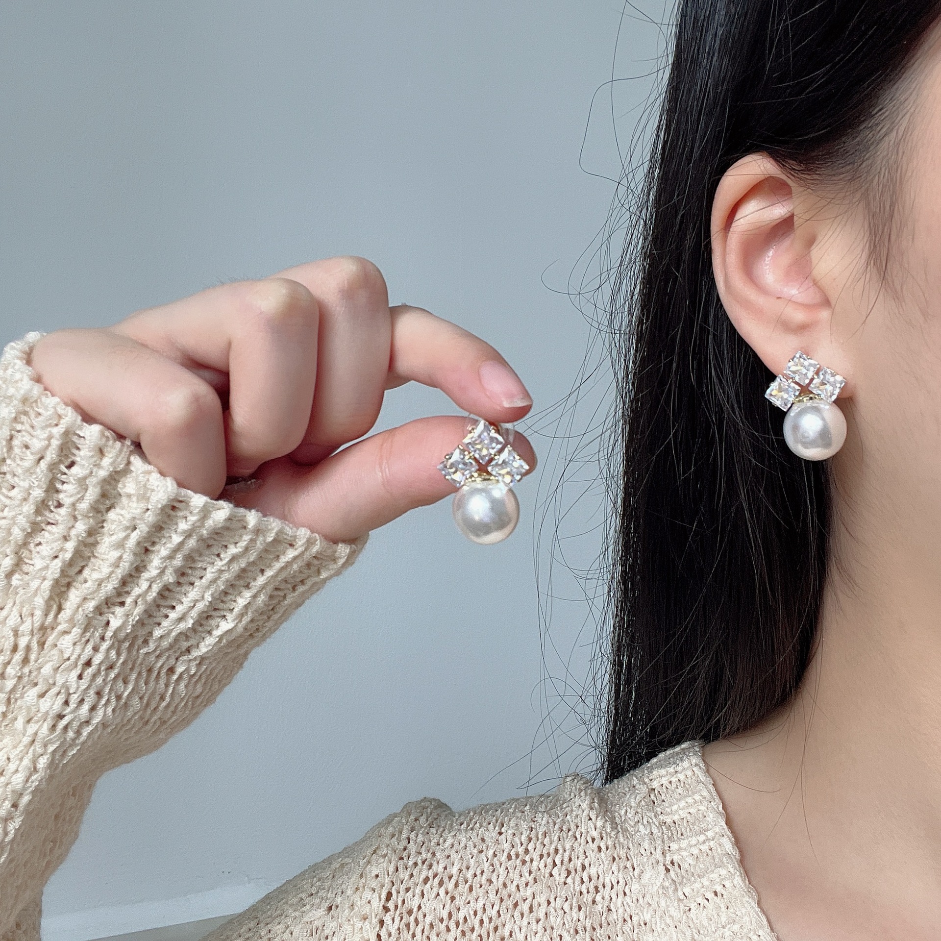 新款韩国气质红珠S925银耳钉女锆石时尚流行潮人个性简约耳坠耳饰