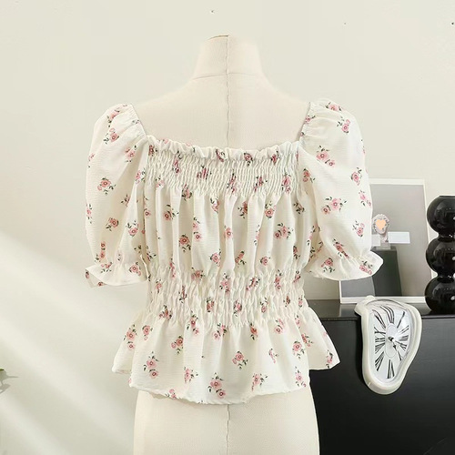 French square collar bubble sleeve women's 2025 summer one-shoulder top with fresh and clean waist-cinching short floral shirt