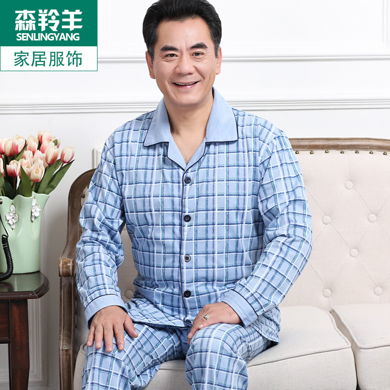 Pijama de mediana edad y ancianos primavera y otoño de los hombres 100% algodón de manga larga hogar ^ más el tamaño de mediana edad papá traje de dos piezas