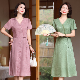 New Chinese Style Mom Summer Short-Sleeved Long Skirt Fashionable Thin Middle-Aged and Elderly Women's Summer National Style Printed Dress