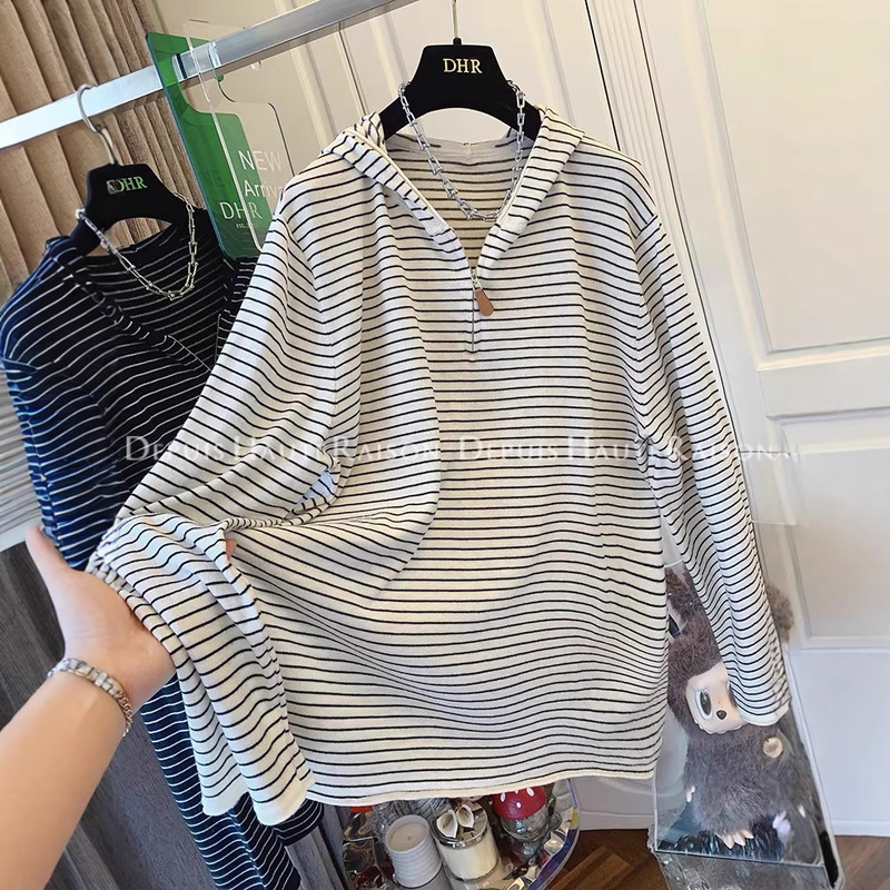 Plus Size Early Autumn Versatile Half-Zip Hooded Loose Long-Sleeve T-Shirt for Women Fashion Striped Base Shirt Trendy