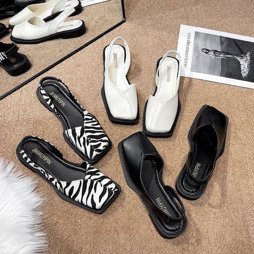 New Arrival European and American Style Closed-Toe Side-Slit Sandals for Women: Flat, Square-Toe Mary Jane Outdoor Wearable Sandals