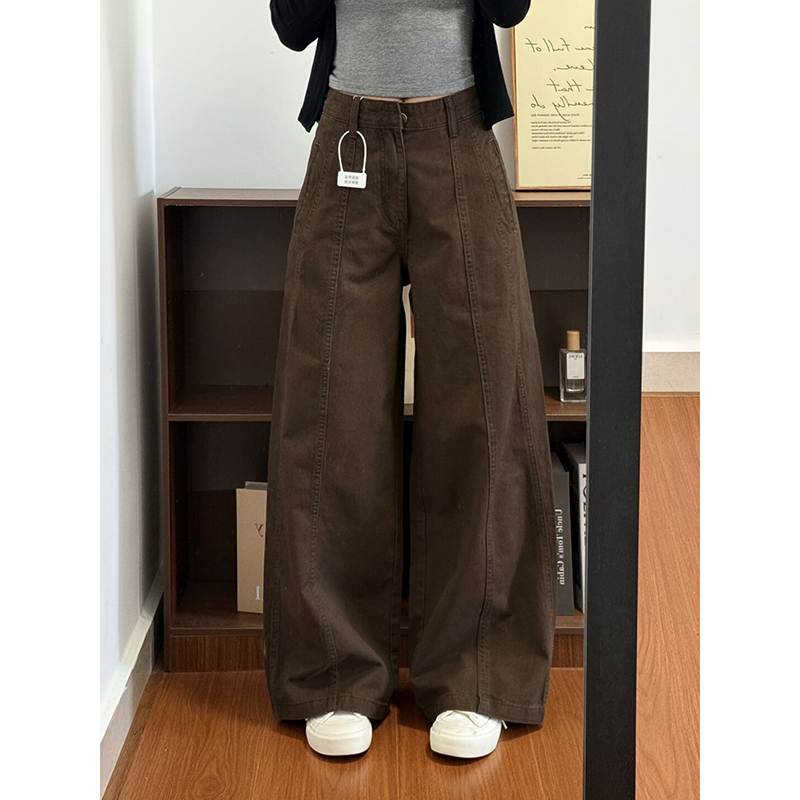Wide-Leg Loose-Fitting Scimitar Jeans for Women, Spring and Summer High-Waisted Straight-Leg Denim Wide-Leg Pants, Coffee-Colored Pants for Women