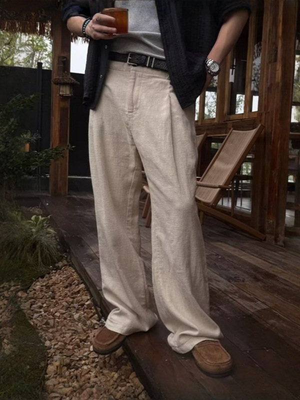 日系复古慵懒感老钱风直筒休闲长裤男款纯色薄款亚麻西裤时尚百搭|undefined