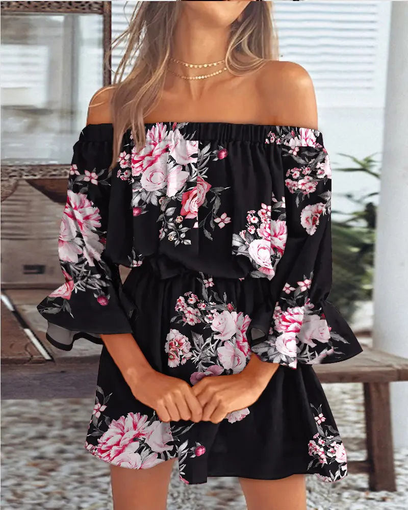 Vestido sexy de moda con estampado de un solo hombro para mujer, estilo europeo y americano, para el mercado transfronterizo de Amazon, 2023