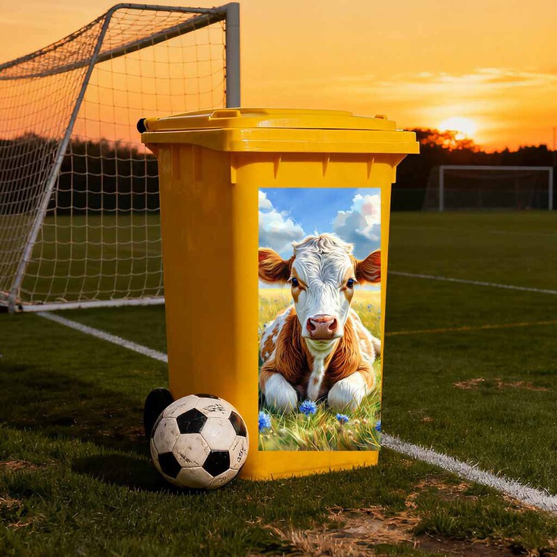 Overcross Outdoor Trash Can with Cow Treasure Sticker in a Serene Floral Landscape, Sunproof and Waterproof Pvc Material Overcross Outdoor Trash Can with Cow Treasure Sticker in a Serene Floral Landscape, Sunproof and Waterproof Pvc Material