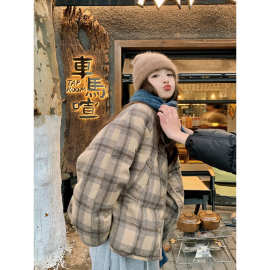 时尚格纹短款羽绒棉服女冬季2025新款高级感宽松显瘦加厚棉衣外套