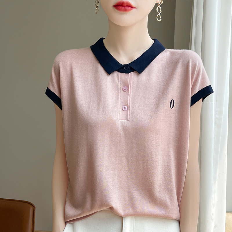 Small Lapel Tencel Knitted Short-Sleeved Blouse Summer New Contrast Color Polo Collar Lyocell T-Shirt Pullover Top Thin Style