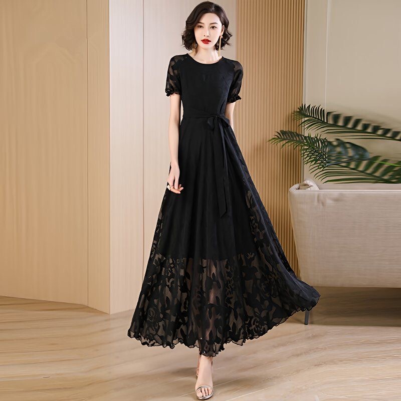 Summer Black Chiffon Dress Women's Long Ankle-Length 2025 New Super Long Formal Occasion Floral Large Swing Skirt