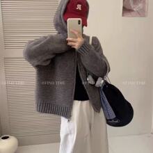 韩系休闲连帽宽松长袖双拉链针织开衫女纯色基础款针织开衫厚上衣