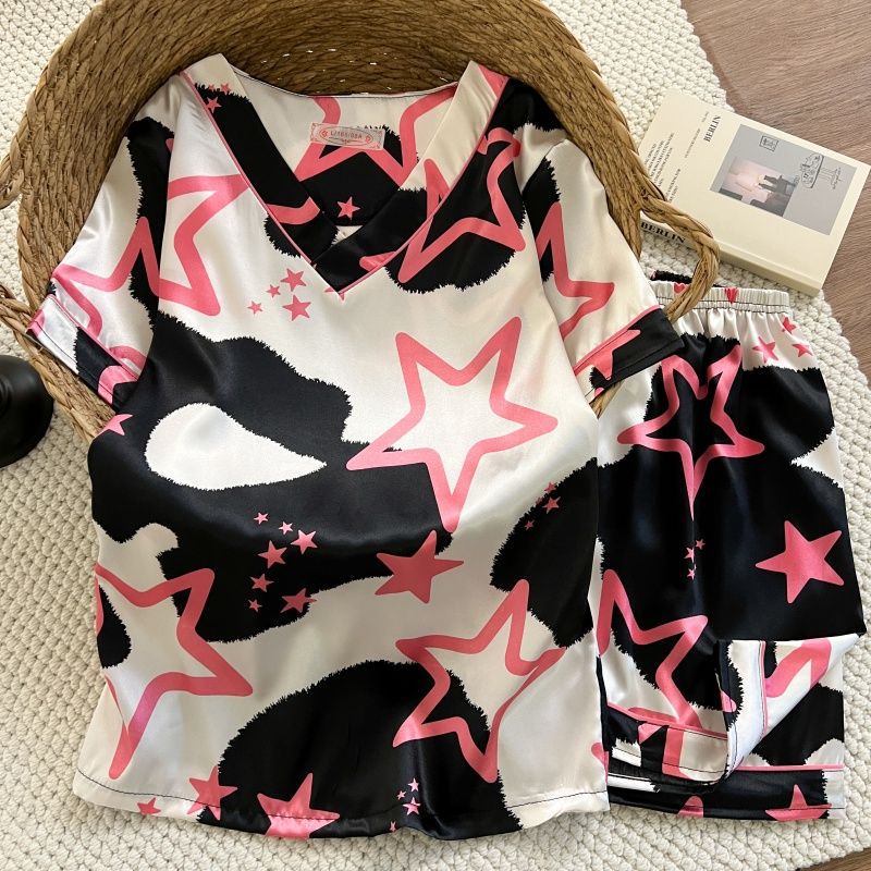 Pijamas de verano al por mayor transfronterizos de seda de manga corta delgada y suelta de cuello en V de mujer simulación de dibujos animados set de ropa para el hogar