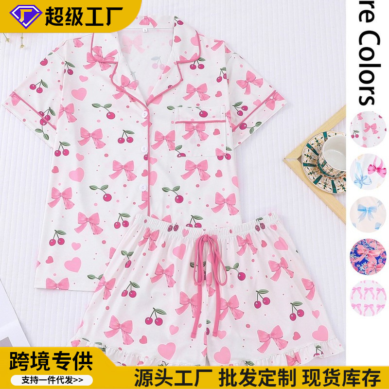 跨境新款女士优雅开衫翻领夏季宽松舒适白底蝴蝶结睡衣套装批发|undefined