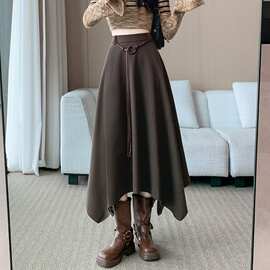毛呢不规则中长款半身裙高腰显瘦韩版咖色带腰带A字伞裙子女