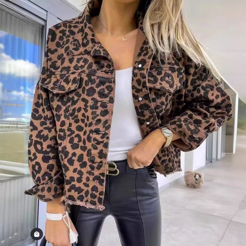 2025 Spring and Autumn New European and American Cross-Border Leopard Print Denim Tops Women's Retro Distressed Motorcycle Work Tops Top