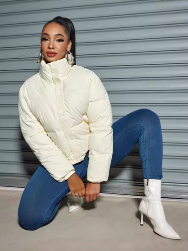 Wash-free PU short-style thickened down cotton-padded coat for women, featuring a stand-up collar—perfect for petite figures this winter.