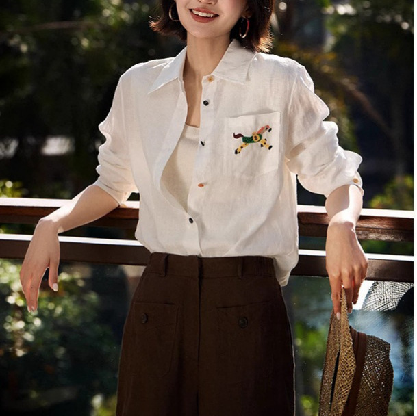 High-End Minimalist Money-Style Linen Shirt with Rainbow Single-Breasted Buttons and Embroidered Pocket, Women's 2026 Spring New Model