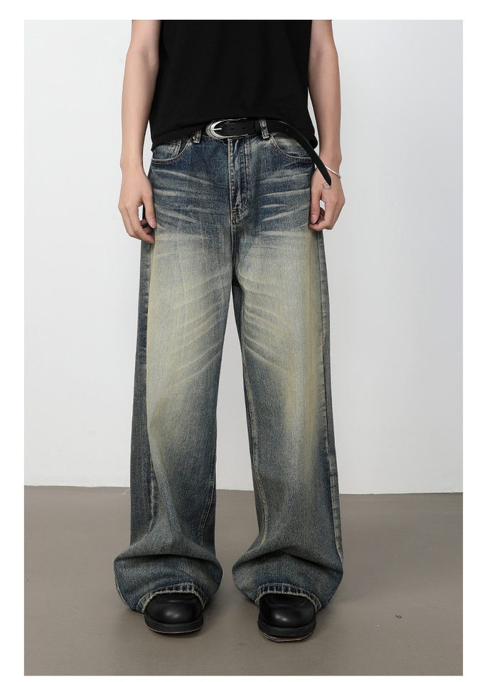 Quần jeans nam dáng rộng ống đứng phong cách retro Mỹ, giặt mài làm cũ — Màu xanh dương chi tiết 8