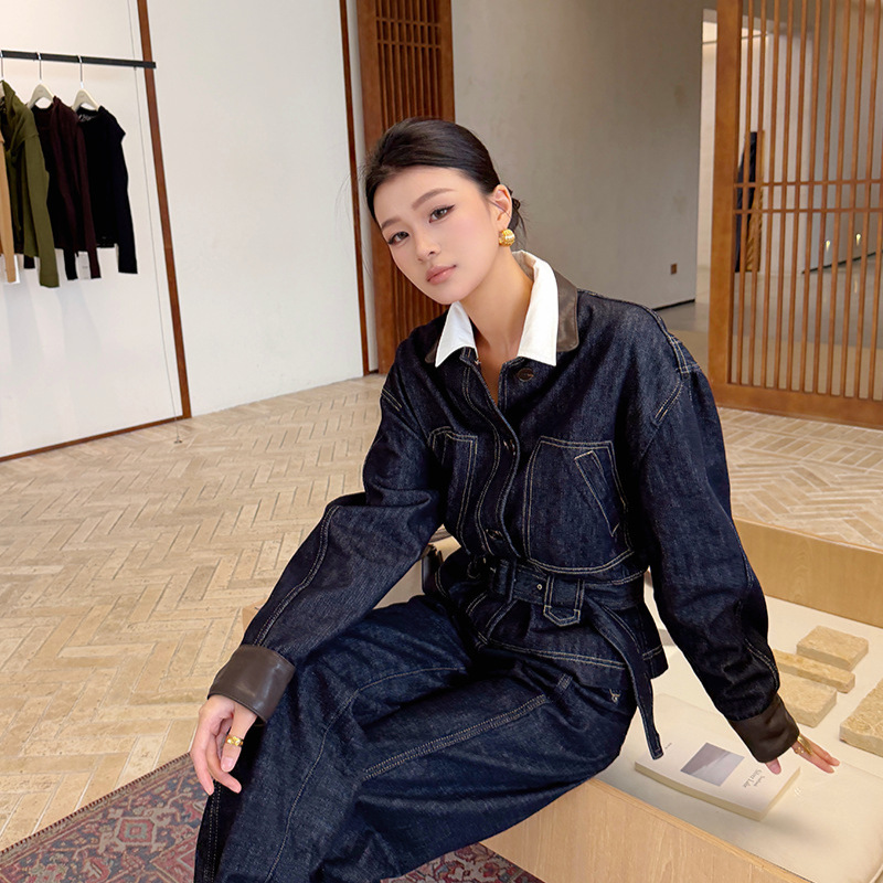 ELSISSI Retro Patchwork Denim Jacket for Women, Autumn 2026 New Style, Fashionable Casual Slim Waist Color Block Collar Jacket