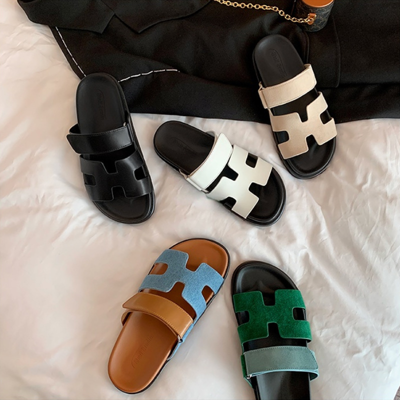 2026 Summer New Model Ah Xi Ge Same Style H Brand Second Uncle Slippers for Women, Genuine Leather Thick-Soled Velcro Sandals for Outdoor Wear