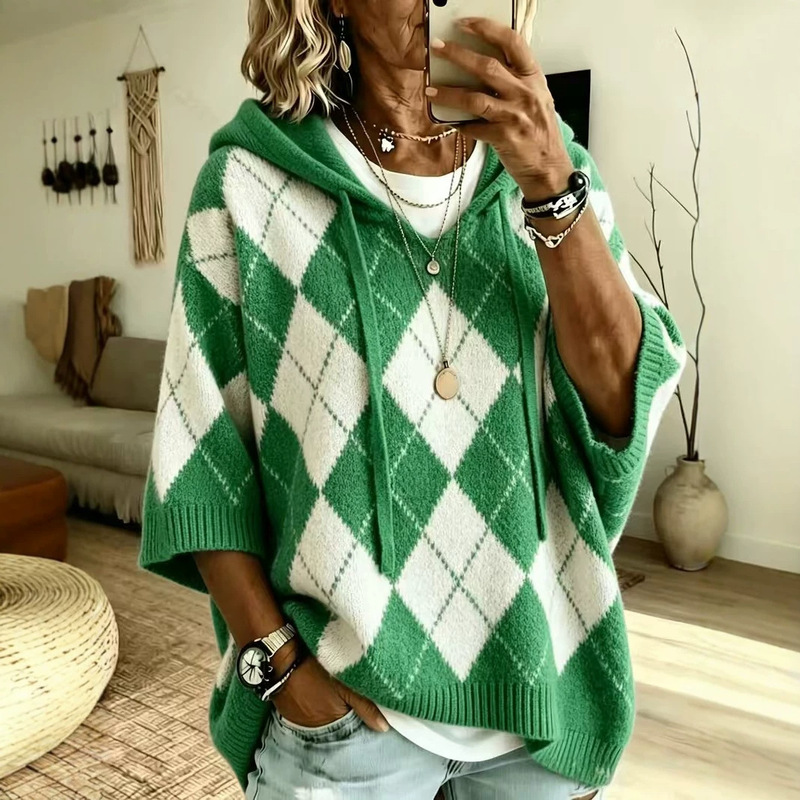 Cross-border hooded knitted sweatshirt, plaid print casual hooded sweater, drawstring hoodie, knitted top