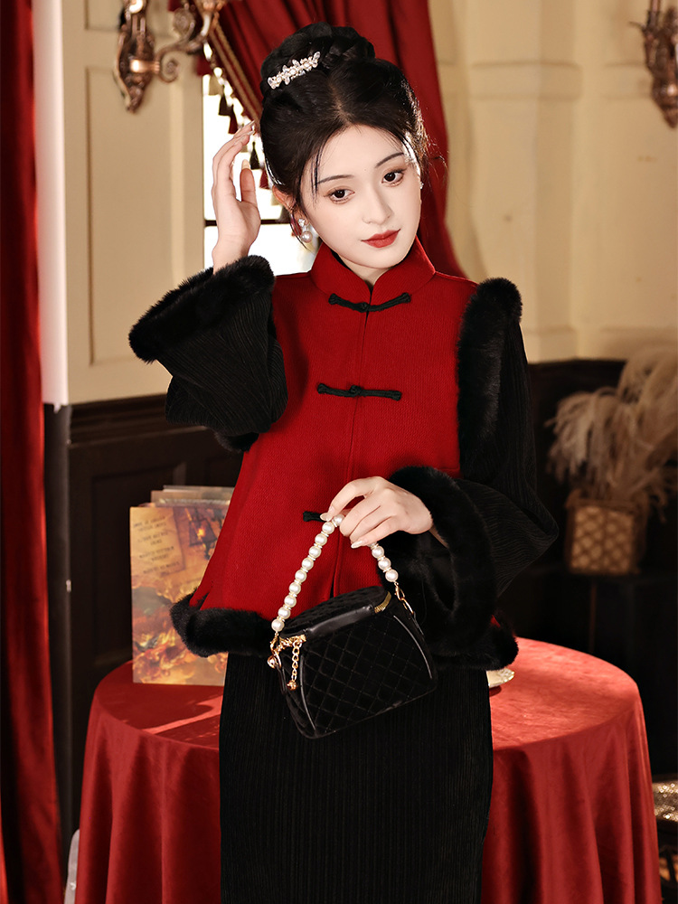 黑色旗袍马甲2023新款秋冬季加绒厚女套装过年战袍拜年服唐装小袄
