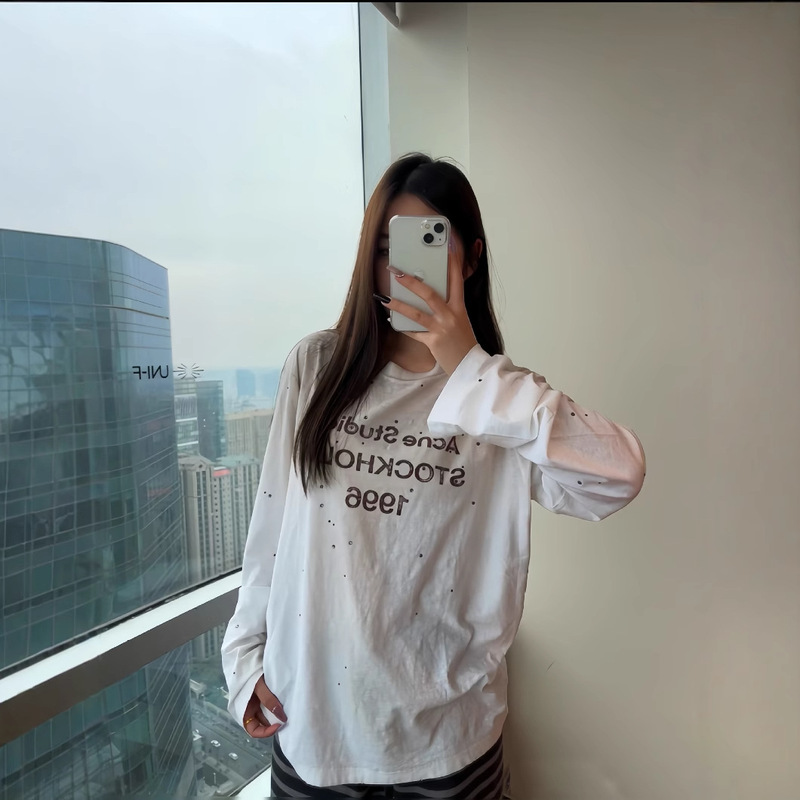 25早春新款1996做旧字母褪色喷绘烫钻宽松长袖T恤女 白色内搭长袖|undefined