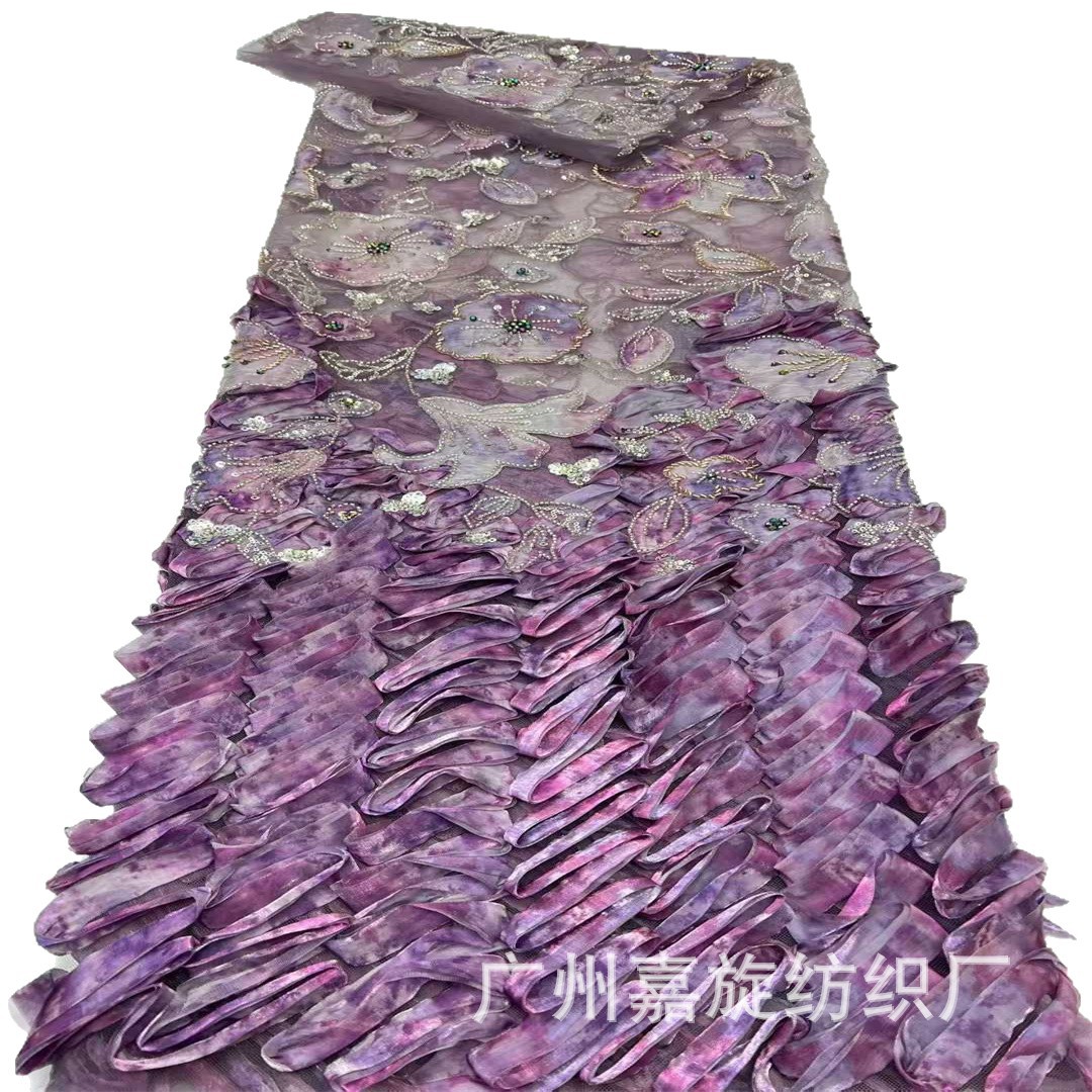 Nuevo tejido de encaje tres en uno con lentejuelas, bordado de cinta y efecto tie-dye para vestidos de novia y prendas de espectáculo