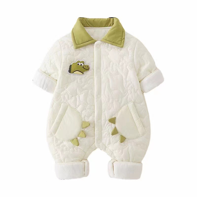 Ropa de bebé otoño e invierno nuevo estilo dinosaurio de dibujos animados bebé hombre mono acolchado más terciopelo cálido estilo occidental