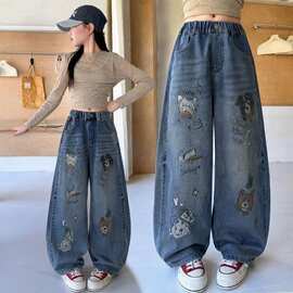 女童裤子春秋洋气时尚印花宽松百搭女孩中大童休闲直筒牛仔阔腿裤