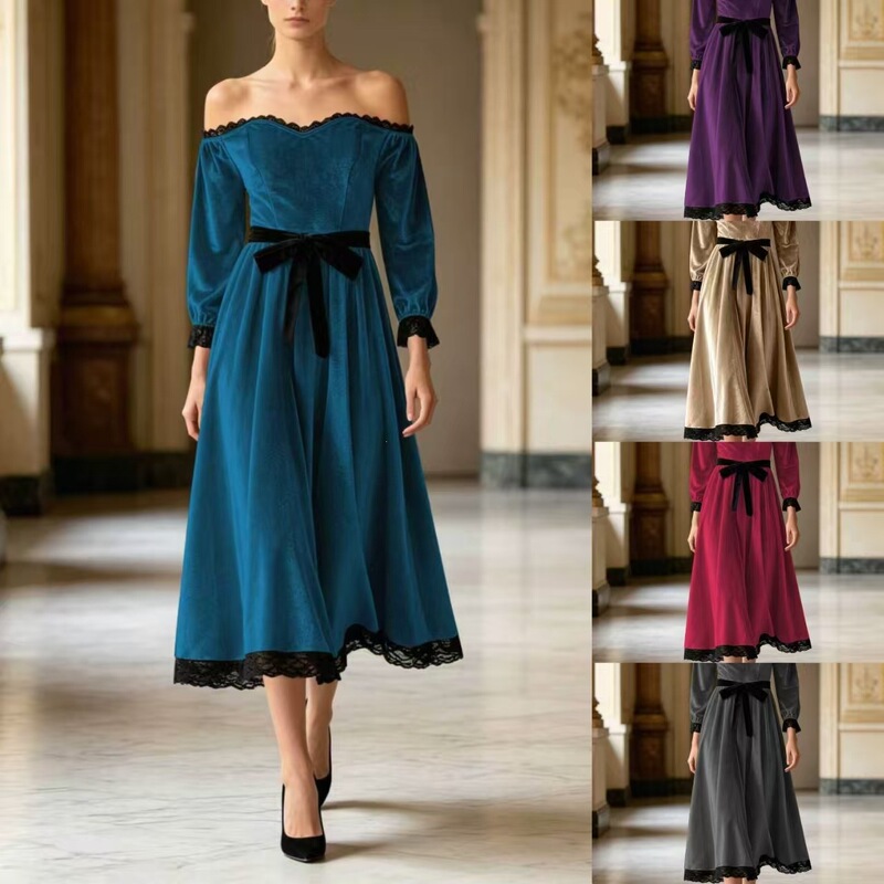 European and American cross-border off-shoulder lace velvet dress, waist-cinching bow-tie mid-length evening gown